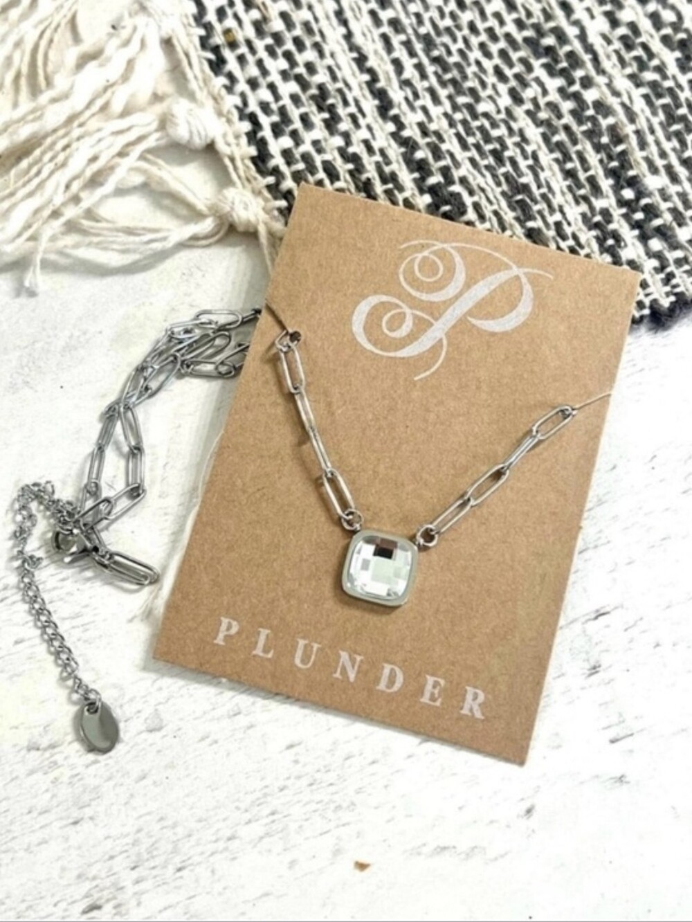 Plunder Silver Paperclip Chain Clear Crystal Square Pendant Necklace - Picture 2 of 4